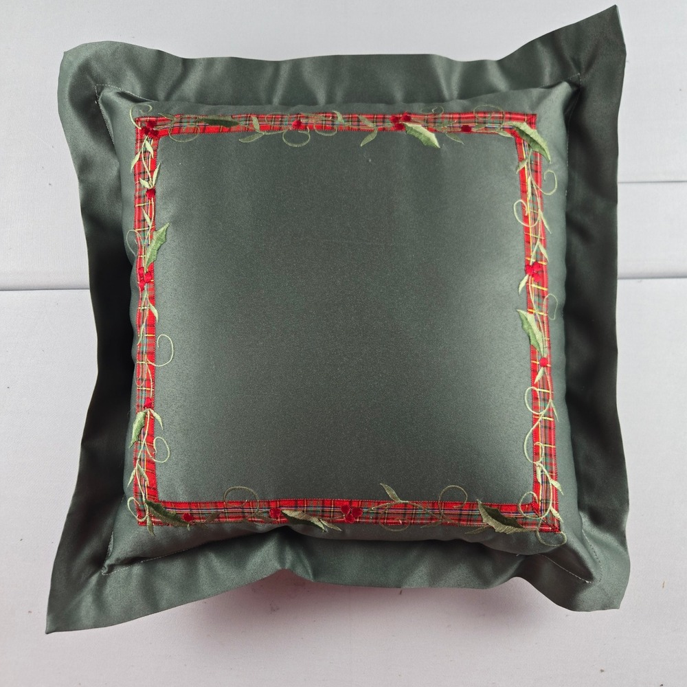Christmas Throw Pillow Green Satin Plaid Holly 18x18 Square Ruffle Trim